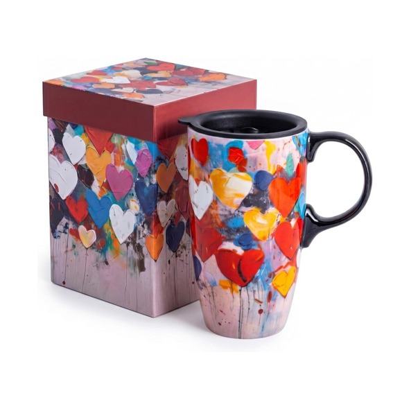 Other - Ceramic Travel Mug Unisex 17oz Multicolor Heart Print Gift Box